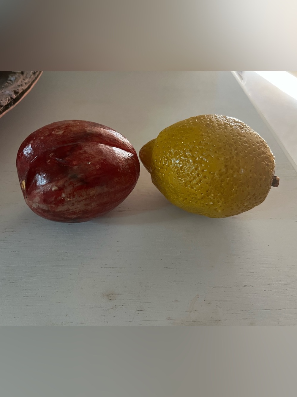 Antique Alabaster Fruit Lemon Nectarine with wood stems